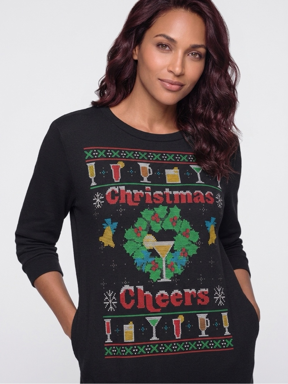 Holiday Time Black Christmas Cheers Wreath Crewneck Sweatshirt